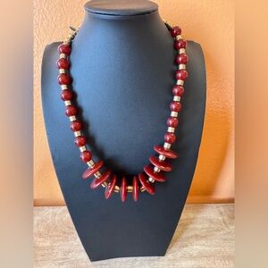 Gold Tone & Dark Red Plastic Disk Chunky Statement Necklace 80s 90s Bold Signed